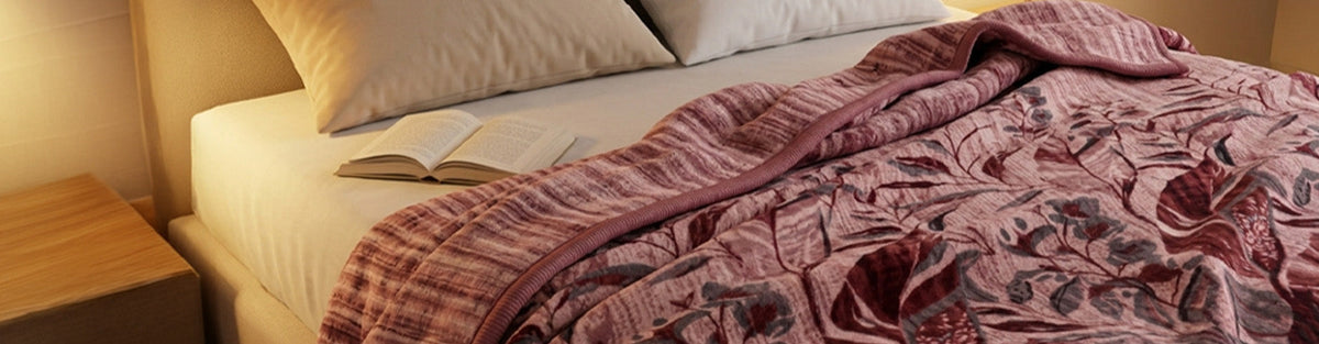 Sofia Home Textiles Blankets - Sofia Zumurruda 2-Ply Double Blanket (240 × 220 cm) Floral Leaves in Pink spread on a double bed - مفروشات صوفيا - بطاطين - بطانية صوفيا زمردة دبل طبقتين (240 × 220 سم) ورد وورق شجر باللون وردي مفروشة على سرير دبل