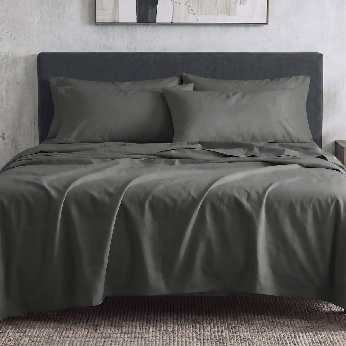 Sofia Home Textiles Bedsheets - 100% microfiber texture of Sofia Double Plain Bedsheet Set 5 Pieces (240 × 260 cm) in Grey, close-up shot - مفروشات صوفيا - ملايات - ملمس مايكروفايبر 100% في طقم ملاية صوفيا سادة دبل  5 قطع (240 × 260 سم) باللون رمادي، لقطة مقربة