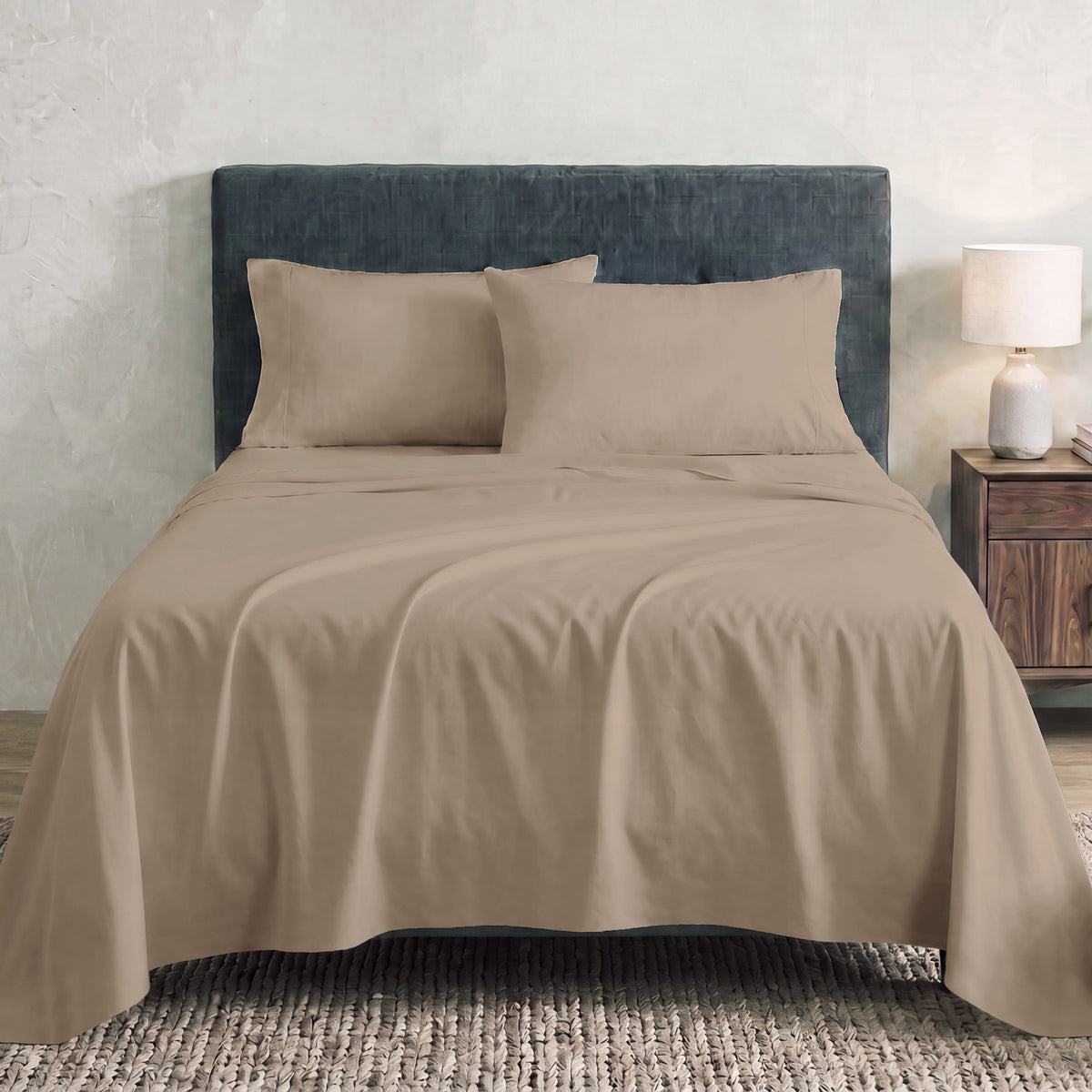 Sofia Home Textiles Bedsheets - full set contents of Sofia Single Plain Bedsheet Set 3 Pieces (180 × 240 cm) in Café - مفروشات صوفيا - ملايات - محتويات طقم ملاية صوفيا سادة سنجل  3 قطع (180 × 240 سم) باللون كافيه