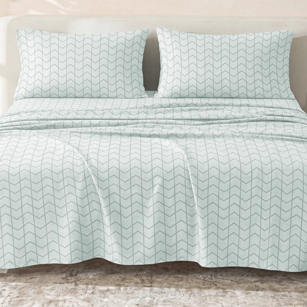 Sofia Home Textiles Printed Bedsheets - Sofia Large Zigzag Printed Double Flat Bedsheet Set 4 Pcs (240 × 260 cm) in Mint spread on a double bed - مفروشات صوفيا - ملايات مطبوعة - طقم ملاية صوفيا زجزاج كبير دبل مسطحة 4 قطع (240 × 260 سم) باللون مينت مفروش على سرير دبل
