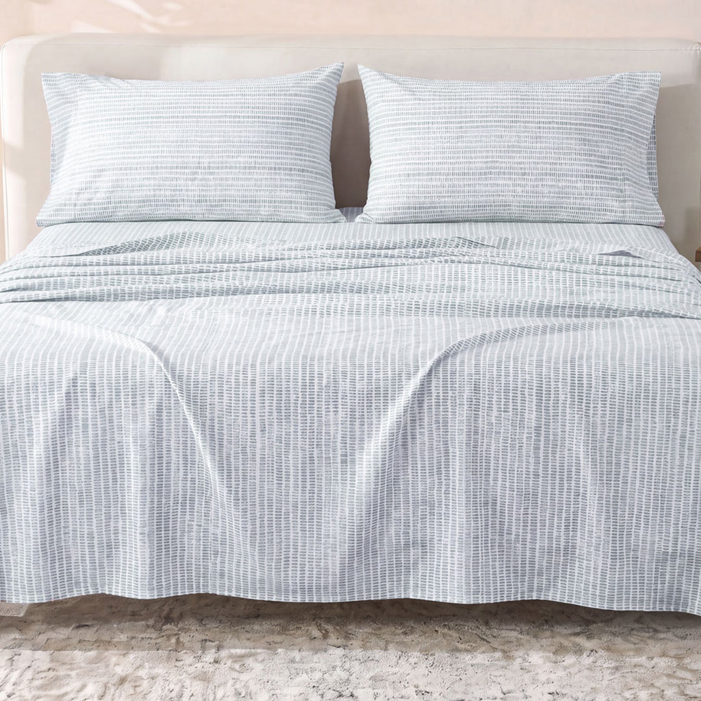 Sofia Home Textiles Printed Bedsheets - Sofia Lines Printed Double Flat Bedsheet Set 4 Pcs (240 × 260 cm) in Mint spread on a double bed - مفروشات صوفيا - ملايات مطبوعة - طقم ملاية صوفيا خطوط دبل مسطحة 4 قطع (240 × 260 سم) باللون مينت مفروش على سرير دبل