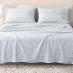 Sofia Home Textiles Printed Bedsheets - Sofia Lines Printed Double Flat Bedsheet Set 4 Pcs (240 × 260 cm) in Mint spread on a double bed - مفروشات صوفيا - ملايات مطبوعة - طقم ملاية صوفيا خطوط دبل مسطحة 4 قطع (240 × 260 سم) باللون مينت مفروش على سرير دبل