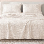 Sofia Home Textiles Printed Bedsheets - Sofia Small Paisley Printed Double Flat Bedsheet Set 4 Pcs (240 × 260 cm) in Beige spread on a double bed - مفروشات صوفيا - ملايات مطبوعة - طقم ملاية صوفيا كشمير صغير دبل مسطحة 4 قطع (240 × 260 سم) باللون بيج مفروش على سرير دبل