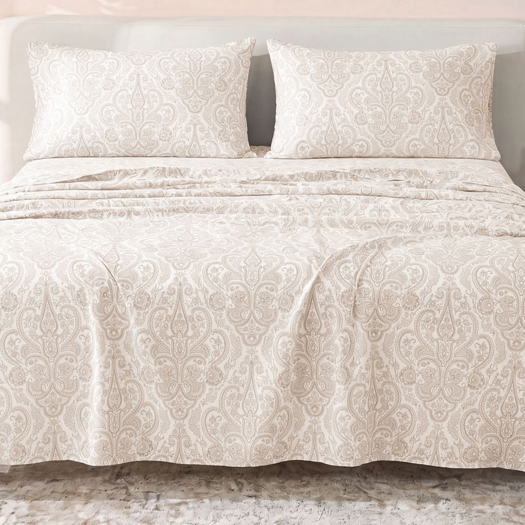 Sofia Home Textiles Printed Bedsheets - Sofia Small Paisley Printed Double Flat Bedsheet Set 4 Pcs (240 × 260 cm) in Beige spread on a double bed - مفروشات صوفيا - ملايات مطبوعة - طقم ملاية صوفيا كشمير صغير دبل مسطحة 4 قطع (240 × 260 سم) باللون بيج مفروش على سرير دبل