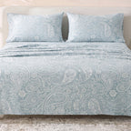 Sofia Home Textiles Printed Bedsheets - Sofia Large Paisley Printed Double Flat Bedsheet Set 4 Pcs (240 × 260 cm) in Light Blue spread on a double bed - مفروشات صوفيا - ملايات مطبوعة - طقم ملاية صوفيا كشمير كبير دبل مسطحة 4 قطع (240 × 260 سم) باللون أزرق فاتح مفروش على سرير دبل