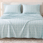 Sofia Home Textiles Printed Bedsheets - Sofia Circles Printed Double Flat Bedsheet Set 4 Pcs (240 × 260 cm) in Teal spread on a double bed - مفروشات صوفيا - ملايات مطبوعة - طقم ملاية صوفيا دوائر دبل مسطحة 4 قطع (240 × 260 سم) باللون جنزاري مفروش على سرير دبل
