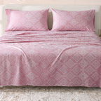 Sofia Home Textiles Printed Bedsheets - Sofia Flower Squares Printed Double Flat Bedsheet Set 4 Pcs (240 × 260 cm) in Rose spread on a double bed - مفروشات صوفيا - ملايات مطبوعة - طقم ملاية صوفيا مربعات ورد دبل مسطحة 4 قطع (240 × 260 سم) باللون وردي مفروش على سرير دبل