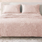 Sofia Home Textiles Printed Bedsheets - Sofia Large Paisley Printed Double Flat Bedsheet Set 4 Pcs (240 × 260 cm) in Rose spread on a double bed - مفروشات صوفيا - ملايات مطبوعة - طقم ملاية صوفيا كشمير كبير دبل مسطحة 4 قطع (240 × 260 سم) باللون وردي مفروش على سرير دبل