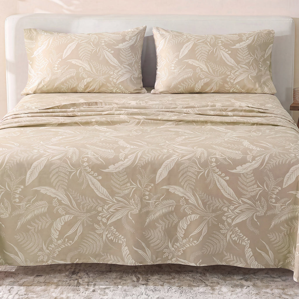 Sofia Home Textiles Printed Bedsheets - Sofia Tree Branches Printed Double Flat Bedsheet Set 4 Pcs (240 × 260 cm) in Beige spread on a double bed - مفروشات صوفيا - ملايات مطبوعة - طقم ملاية صوفيا فروع شجر دبل مسطحة 4 قطع (240 × 260 سم) باللون بيج مفروش على سرير دبل