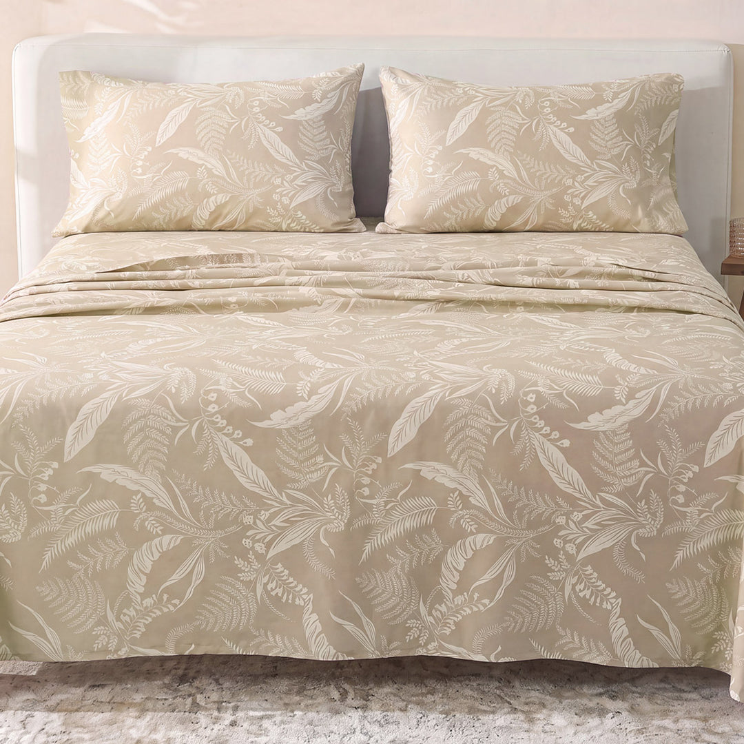 Sofia Home Textiles Printed Bedsheets - Sofia Tree Branches Printed Double Flat Bedsheet Set 4 Pcs (240 × 260 cm) in Beige spread on a double bed - مفروشات صوفيا - ملايات مطبوعة - طقم ملاية صوفيا فروع شجر دبل مسطحة 4 قطع (240 × 260 سم) باللون بيج مفروش على سرير دبل