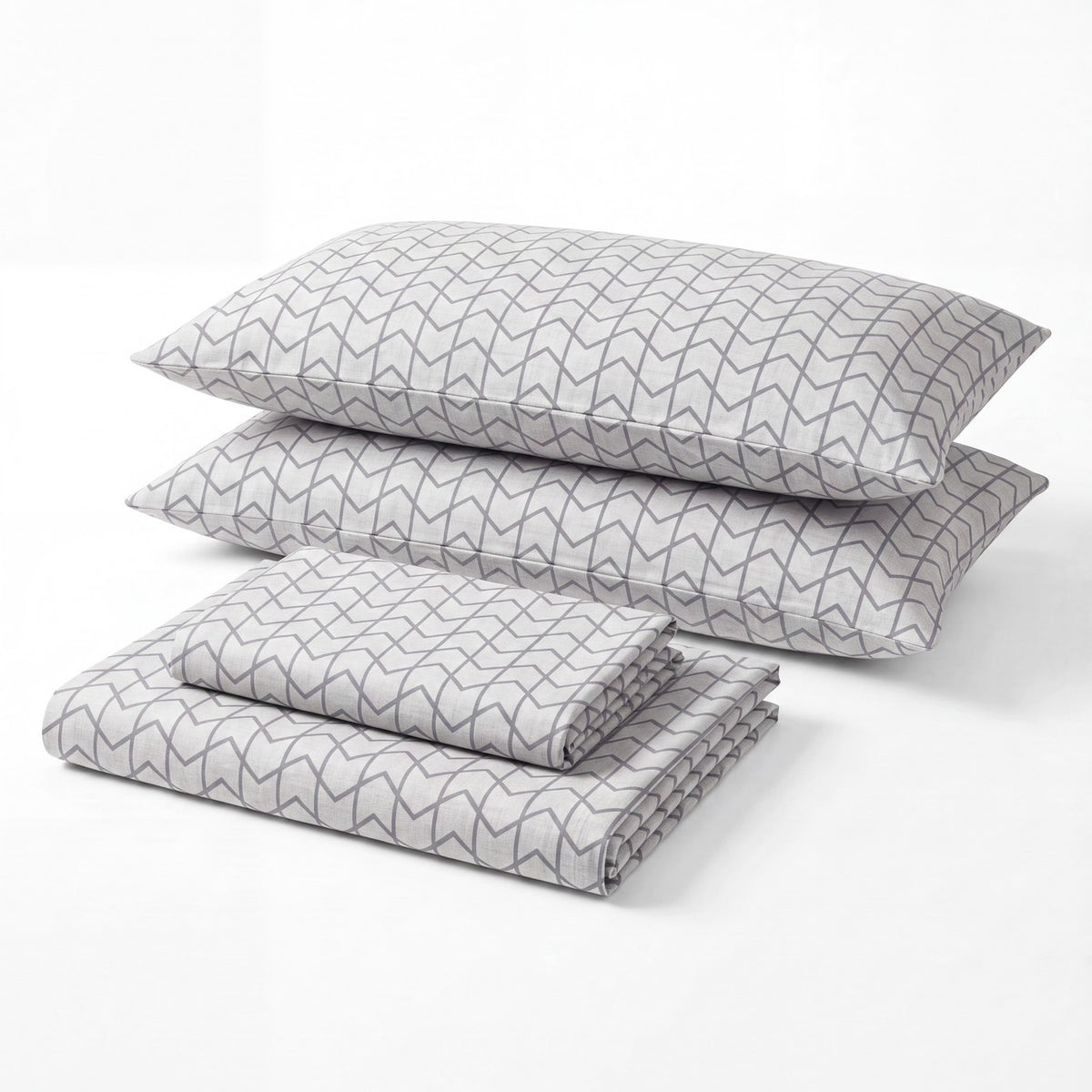 Sofia Home Textiles Printed Bedsheets - Sofia Large Zigzag Printed Double Flat Bedsheet Set 4 Pcs in Grey folded full set on a white background - مفروشات صوفيا - ملايات مطبوعة - طقم ملاية صوفيا زجزاج كبير دبل مسطحة 4 قطع باللون رمادي مطوي كامل على خلفية بيضاء