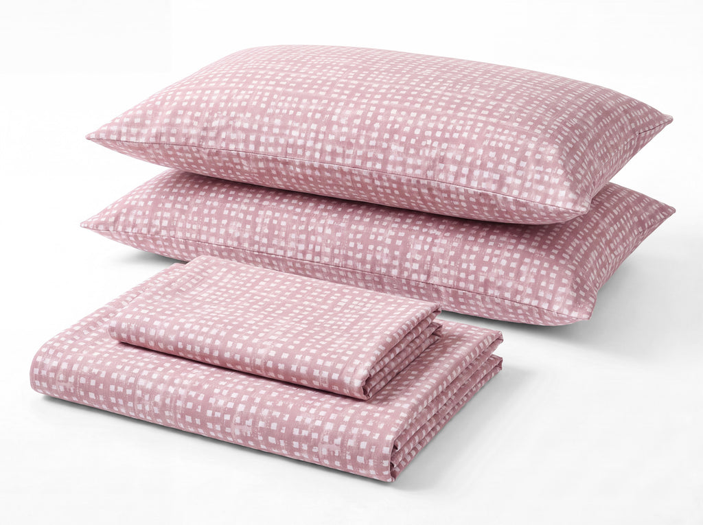 Sofia Home Textiles Printed Bedsheets - Sofia Small Checks Printed Double Flat Bedsheet Set 4 Pcs in Rose folded full set on a white background - مفروشات صوفيا - ملايات مطبوعة - طقم ملاية صوفيا مربعات صغيرة دبل مسطحة 4 قطع باللون وردي مطوي كامل على خلفية بيضاء