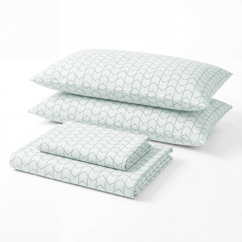 Sofia Home Textiles Printed Bedsheets - Sofia Large Zigzag Printed Double Flat Bedsheet Set 4 Pcs in Mint folded full set on a white background - مفروشات صوفيا - ملايات مطبوعة - طقم ملاية صوفيا زجزاج كبير دبل مسطحة 4 قطع باللون مينت مطوي كامل على خلفية بيضاء