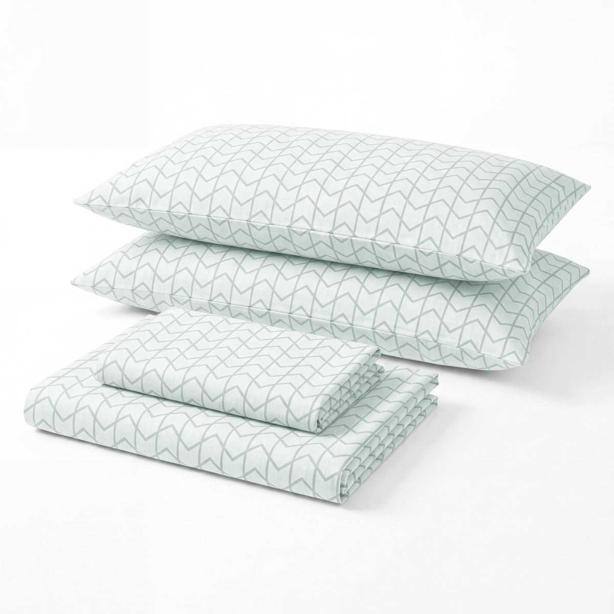 Sofia Home Textiles Printed Bedsheets - Sofia Large Zigzag Printed Double Flat Bedsheet Set 4 Pcs in Mint folded full set on a white background - مفروشات صوفيا - ملايات مطبوعة - طقم ملاية صوفيا زجزاج كبير دبل مسطحة 4 قطع باللون مينت مطوي كامل على خلفية بيضاء