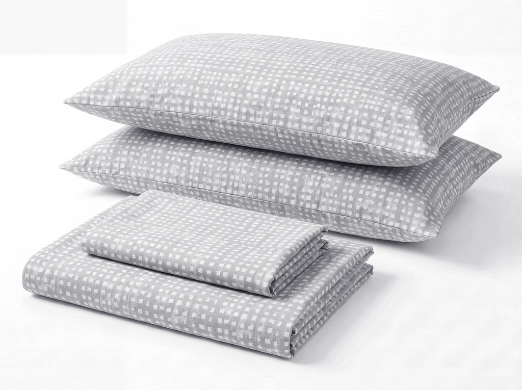 Sofia Home Textiles Printed Bedsheets - Sofia Small Checks Printed Double Flat Bedsheet Set 4 Pcs in Grey folded full set on a white background - مفروشات صوفيا - ملايات مطبوعة - طقم ملاية صوفيا مربعات صغيرة دبل مسطحة 4 قطع باللون رمادي مطوي كامل على خلفية بيضاء