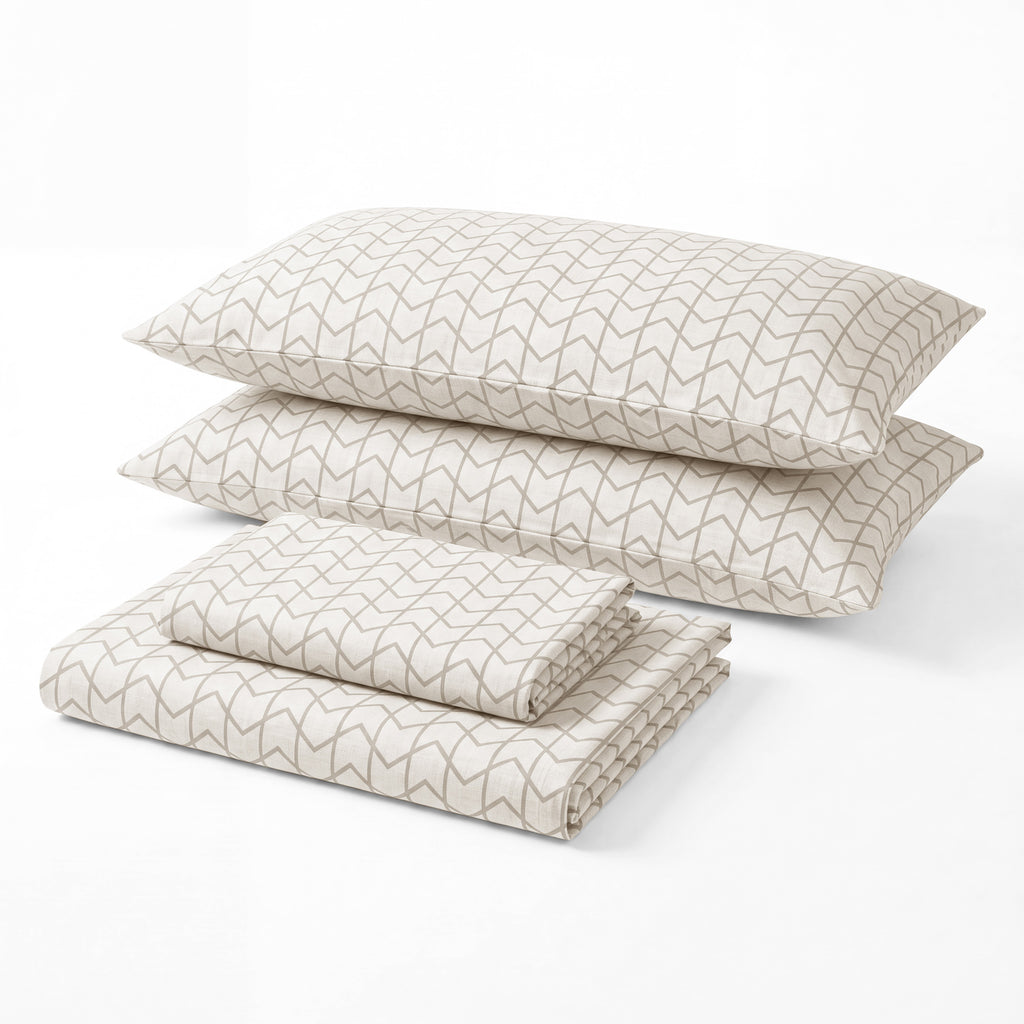 Sofia Home Textiles Printed Bedsheets - Sofia Large Zigzag Printed Double Flat Bedsheet Set 4 Pcs in Beige folded full set on a white background - مفروشات صوفيا - ملايات مطبوعة - طقم ملاية صوفيا زجزاج كبير دبل مسطحة 4 قطع باللون بيج مطوي كامل على خلفية بيضاء