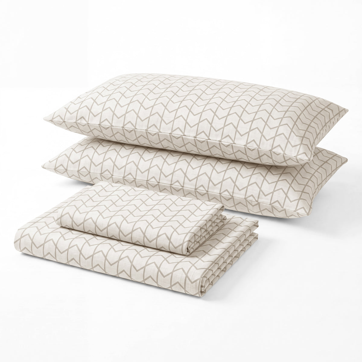 Sofia Home Textiles Printed Bedsheets - Sofia Large Zigzag Printed Double Flat Bedsheet Set 4 Pcs in Beige folded full set on a white background - مفروشات صوفيا - ملايات مطبوعة - طقم ملاية صوفيا زجزاج كبير دبل مسطحة 4 قطع باللون بيج مطوي كامل على خلفية بيضاء