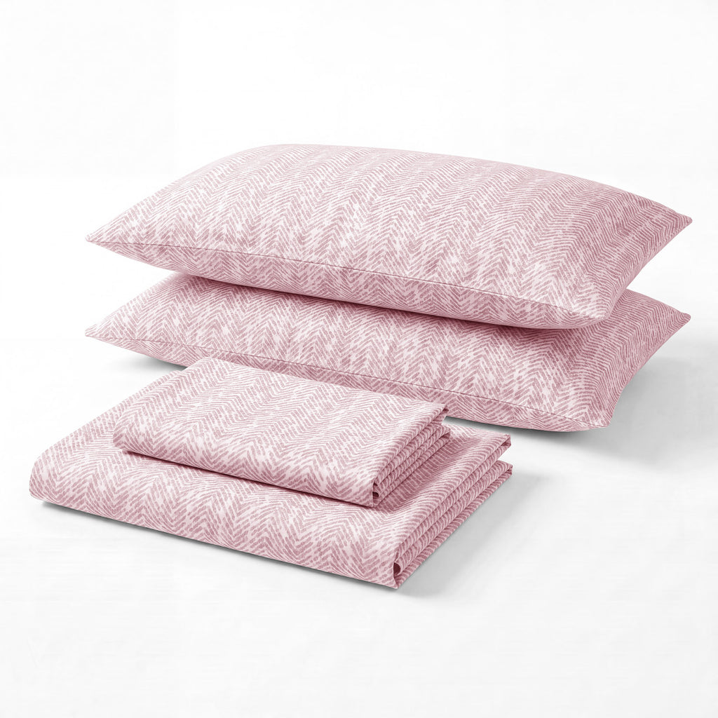 Sofia Home Textiles Printed Bedsheets - Sofia Small Zigzag Printed Double Flat Bedsheet Set 4 Pcs in Rose folded full set on a white background - مفروشات صوفيا - ملايات مطبوعة - طقم ملاية صوفيا زجزاج صغير دبل مسطحة 4 قطع باللون وردي مطوي كامل على خلفية بيضاء