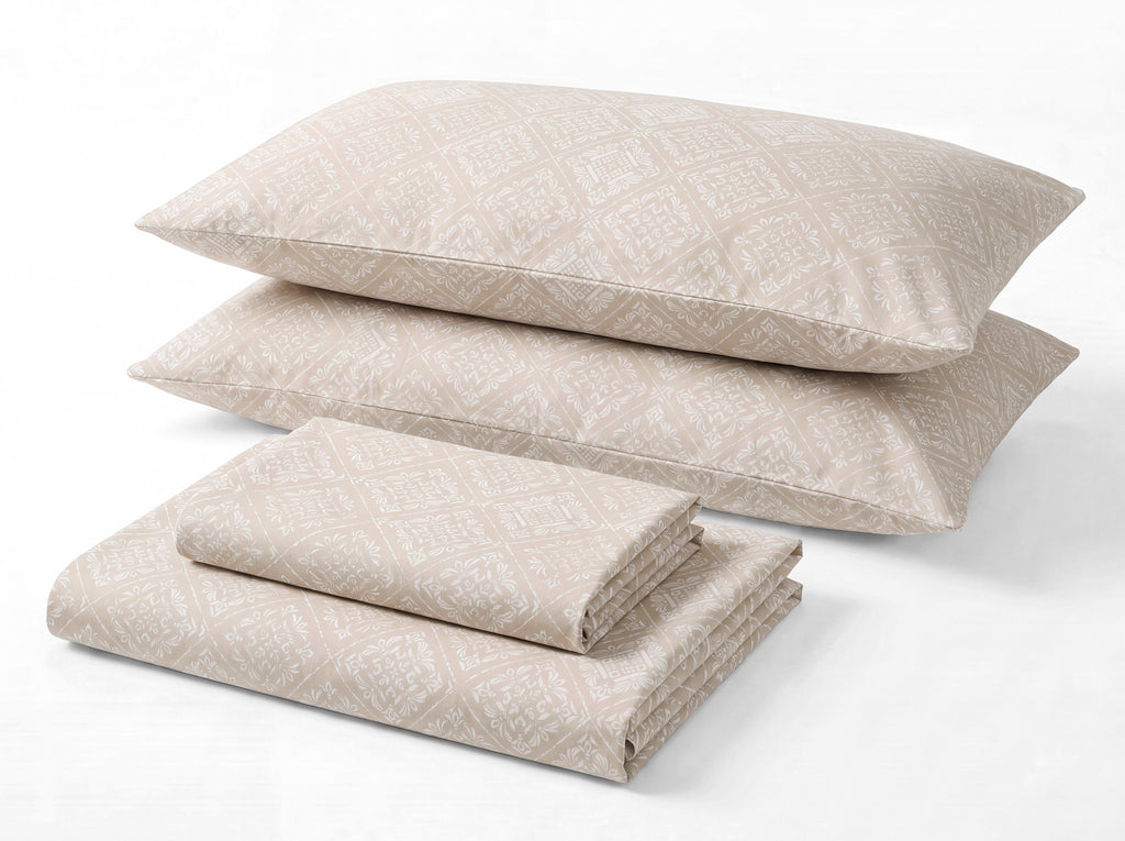 Sofia Home Textiles Printed Bedsheets - Sofia Flower Squares Printed Double Flat Bedsheet Set 4 Pcs in Beige folded full set on a white background - مفروشات صوفيا - ملايات مطبوعة - طقم ملاية صوفيا مربعات ورد دبل مسطحة 4 قطع باللون بيج مطوي كامل على خلفية بيضاء
