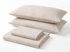 Sofia Home Textiles Printed Bedsheets - Sofia Flower Squares Printed Double Flat Bedsheet Set 4 Pcs in Beige folded full set on a white background - مفروشات صوفيا - ملايات مطبوعة - طقم ملاية صوفيا مربعات ورد دبل مسطحة 4 قطع باللون بيج مطوي كامل على خلفية بيضاء