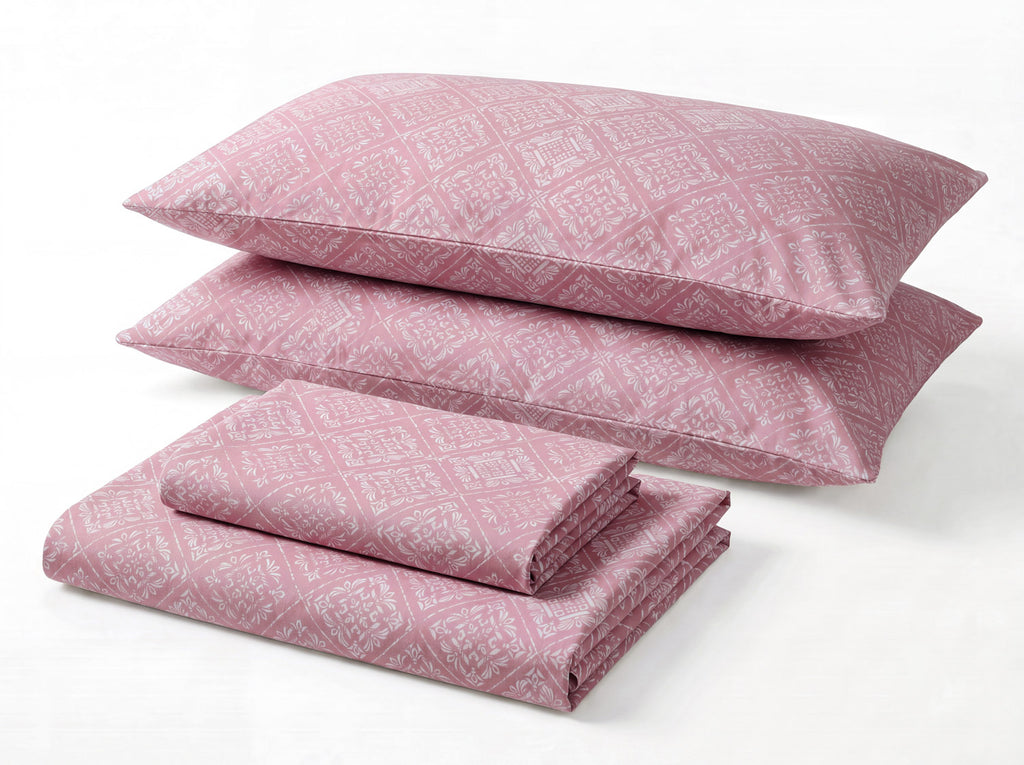 Sofia Home Textiles Printed Bedsheets - Sofia Flower Squares Printed Double Flat Bedsheet Set 4 Pcs in Rose folded full set on a white background - مفروشات صوفيا - ملايات مطبوعة - طقم ملاية صوفيا مربعات ورد دبل مسطحة 4 قطع باللون وردي مطوي كامل على خلفية بيضاء