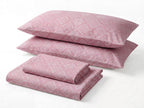 Sofia Home Textiles Printed Bedsheets - Sofia Flower Squares Printed Double Flat Bedsheet Set 4 Pcs in Rose folded full set on a white background - مفروشات صوفيا - ملايات مطبوعة - طقم ملاية صوفيا مربعات ورد دبل مسطحة 4 قطع باللون وردي مطوي كامل على خلفية بيضاء