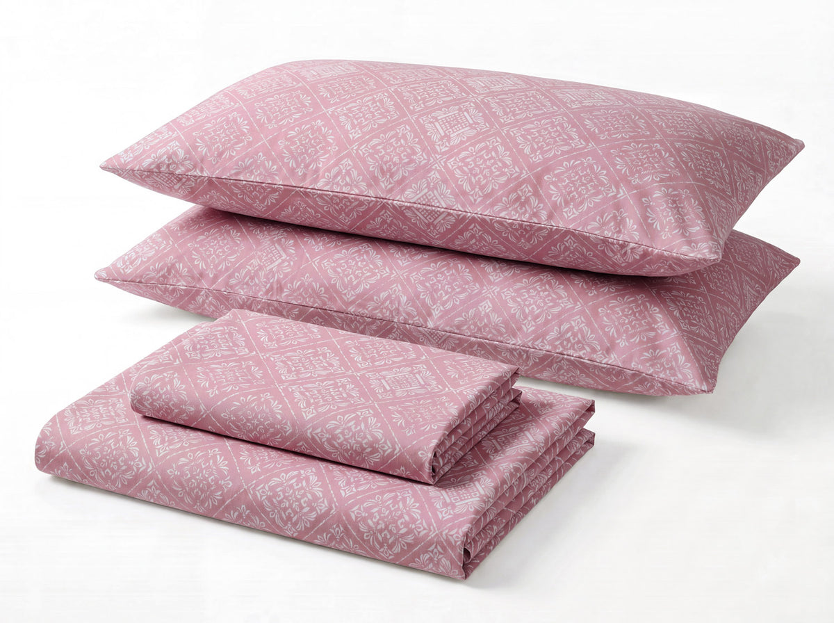 Sofia Home Textiles Printed Bedsheets - Sofia Flower Squares Printed Double Flat Bedsheet Set 4 Pcs in Rose folded full set on a white background - مفروشات صوفيا - ملايات مطبوعة - طقم ملاية صوفيا مربعات ورد دبل مسطحة 4 قطع باللون وردي مطوي كامل على خلفية بيضاء