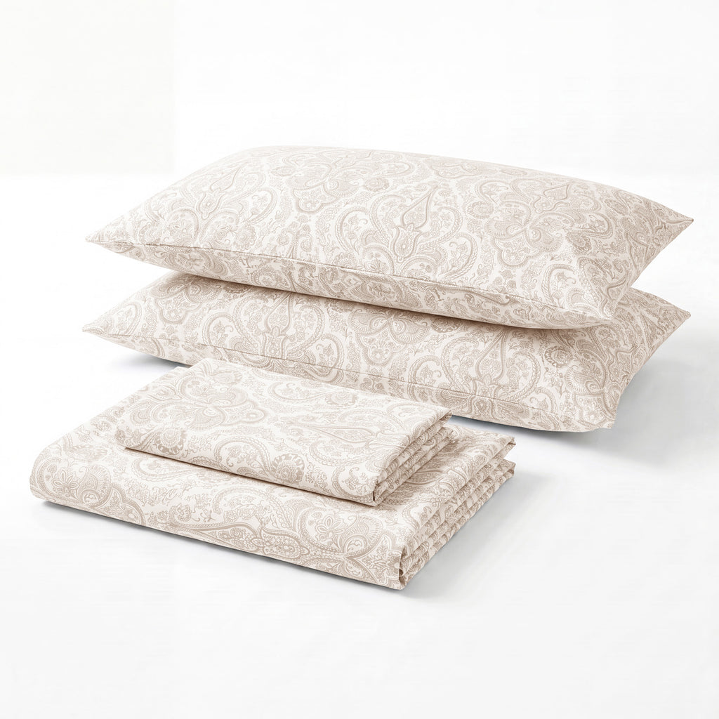 Sofia Home Textiles Printed Bedsheets - Sofia Small Paisley Printed Double Flat Bedsheet Set 4 Pcs in Beige folded full set on a white background - مفروشات صوفيا - ملايات مطبوعة - طقم ملاية صوفيا كشمير صغير دبل مسطحة 4 قطع باللون بيج مطوي كامل على خلفية بيضاء