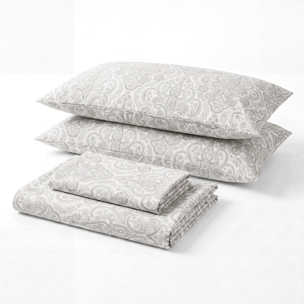 Sofia Home Textiles Printed Bedsheets - Sofia Small Paisley Printed Double Flat Bedsheet Set 4 Pcs in Grey folded full set on a white background - مفروشات صوفيا - ملايات مطبوعة - طقم ملاية صوفيا كشمير صغير دبل مسطحة 4 قطع باللون رمادي مطوي كامل على خلفية بيضاء
