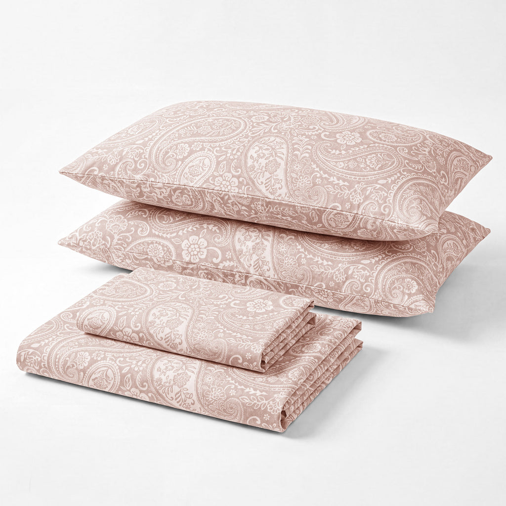Sofia Home Textiles Printed Bedsheets - Sofia Large Paisley Printed Double Flat Bedsheet Set 4 Pcs in Rose folded full set on a white background - مفروشات صوفيا - ملايات مطبوعة - طقم ملاية صوفيا كشمير كبير دبل مسطحة 4 قطع باللون وردي مطوي كامل على خلفية بيضاء