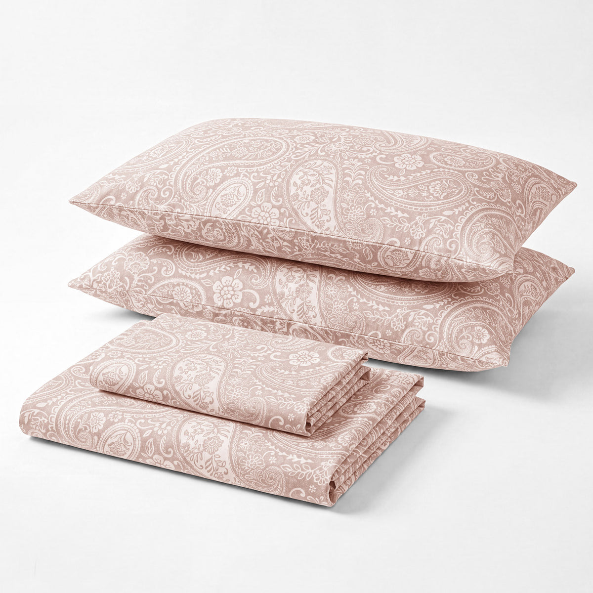 Sofia Home Textiles Printed Bedsheets - Sofia Large Paisley Printed Double Flat Bedsheet Set 4 Pcs in Rose folded full set on a white background - مفروشات صوفيا - ملايات مطبوعة - طقم ملاية صوفيا كشمير كبير دبل مسطحة 4 قطع باللون وردي مطوي كامل على خلفية بيضاء