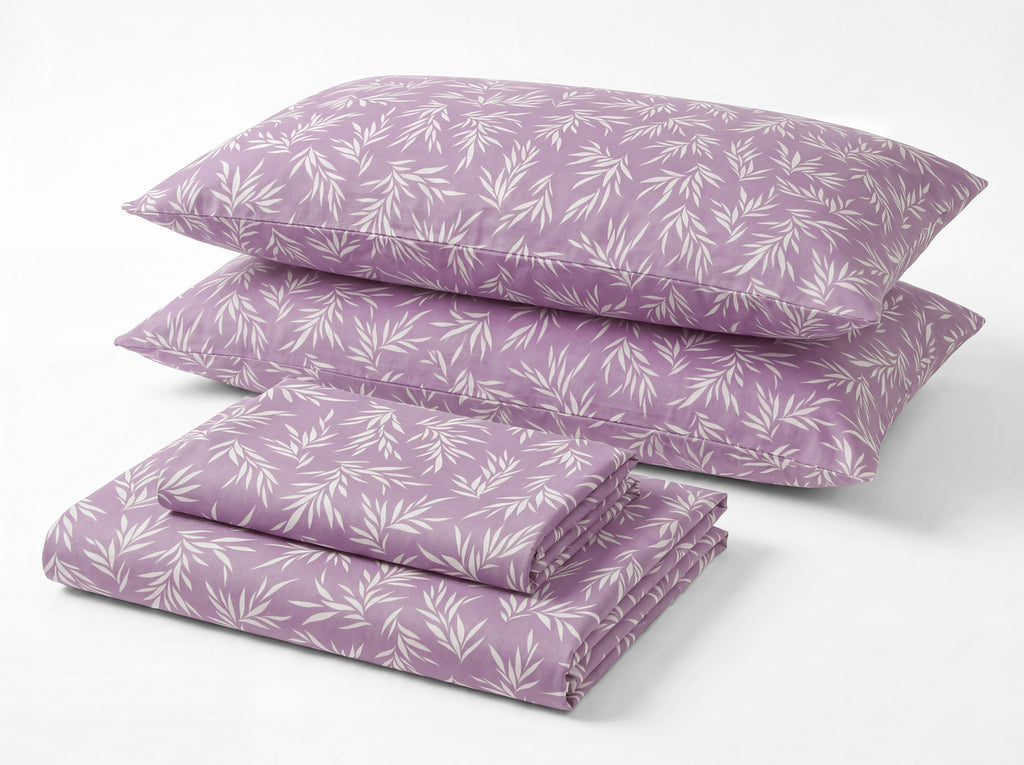 Sofia Home Textiles Printed Bedsheets - Sofia Leaves Printed Double Flat Bedsheet Set 4 Pcs in Purple folded full set on a white background - مفروشات صوفيا - ملايات مطبوعة - طقم ملاية صوفيا ورق شجر دبل مسطحة 4 قطع باللون بنفسجي مطوي كامل على خلفية بيضاء