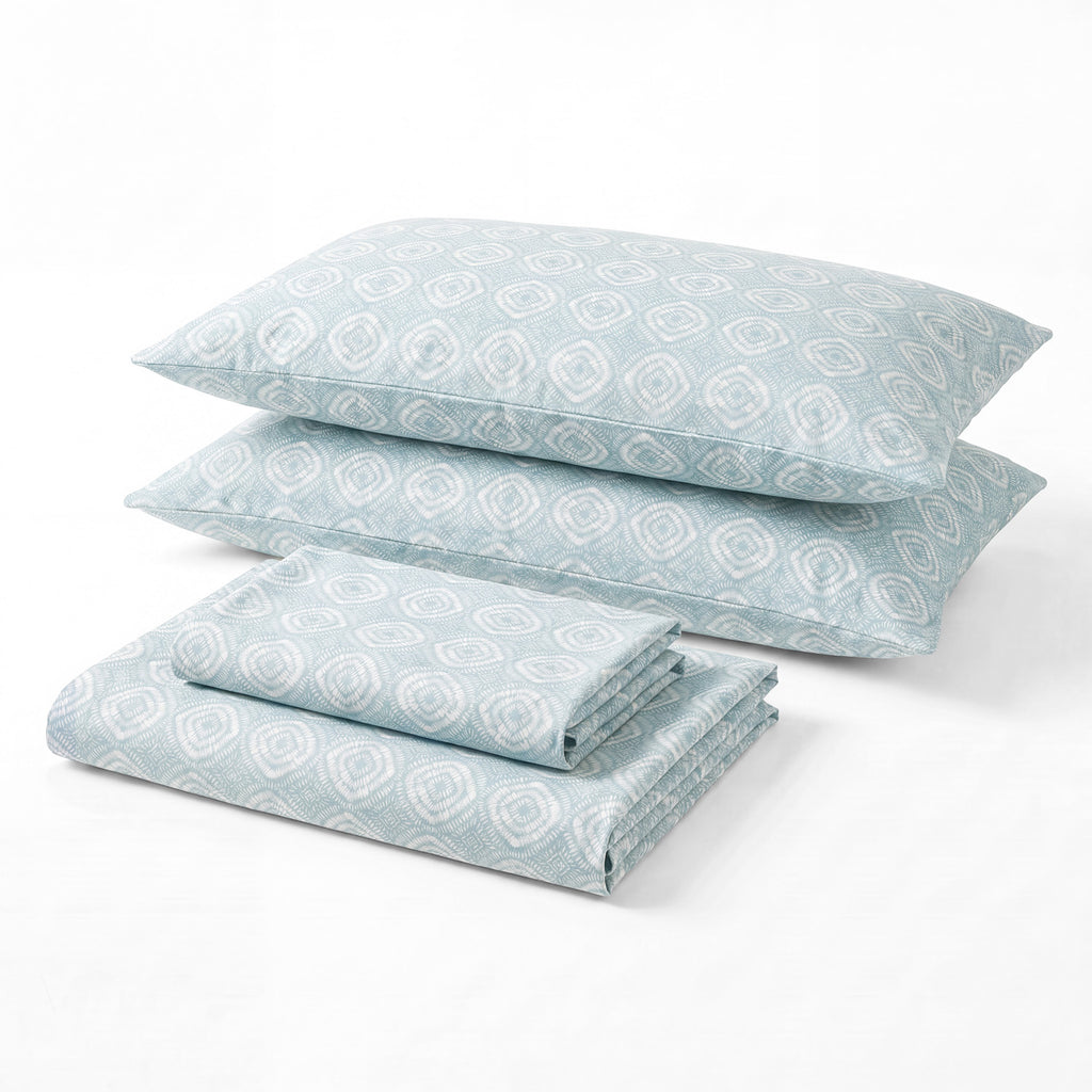 Sofia Home Textiles Printed Bedsheets - Sofia Circles Printed Double Flat Bedsheet Set 4 Pcs in Teal folded full set on a white background - مفروشات صوفيا - ملايات مطبوعة - طقم ملاية صوفيا دوائر دبل مسطحة 4 قطع باللون جنزاري مطوي كامل على خلفية بيضاء