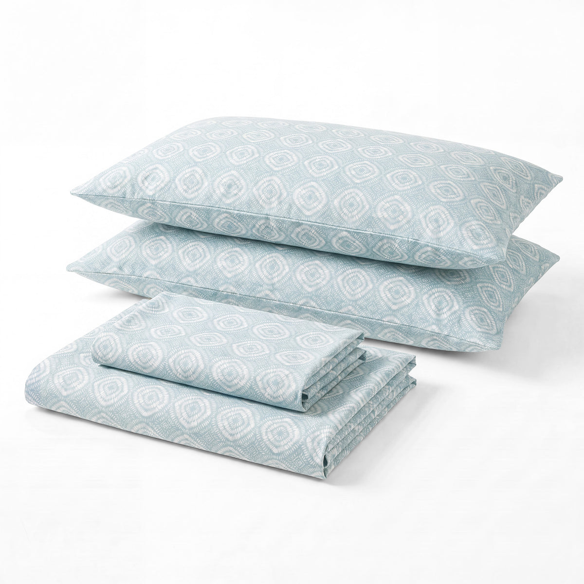 Sofia Home Textiles Printed Bedsheets - Sofia Circles Printed Double Flat Bedsheet Set 4 Pcs in Teal folded full set on a white background - مفروشات صوفيا - ملايات مطبوعة - طقم ملاية صوفيا دوائر دبل مسطحة 4 قطع باللون جنزاري مطوي كامل على خلفية بيضاء