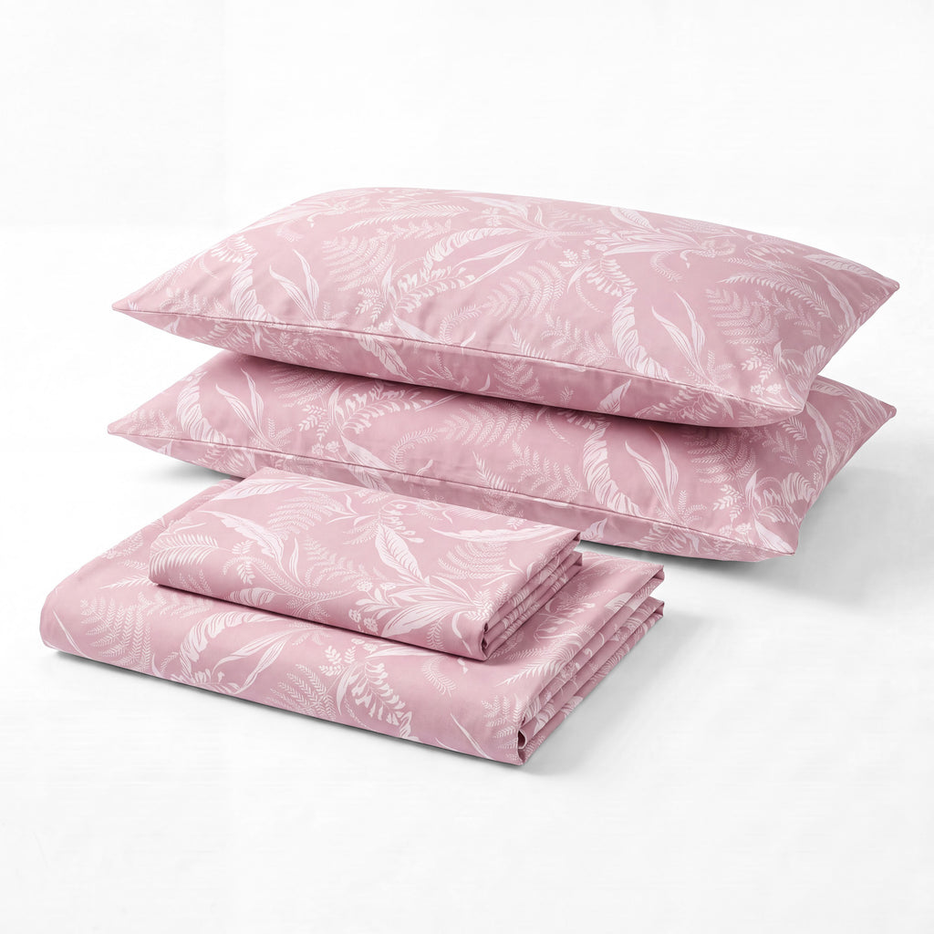 Sofia Home Textiles Printed Bedsheets - Sofia Tree Branches Printed Double Flat Bedsheet Set 4 Pcs in Rose folded full set on a white background- مفروشات صوفيا - ملايات مطبوعة - طقم ملاية صوفيا فروع شجر دبل مسطحة 4 قطع باللون وردي مطوي كامل على خلفية بيضاء