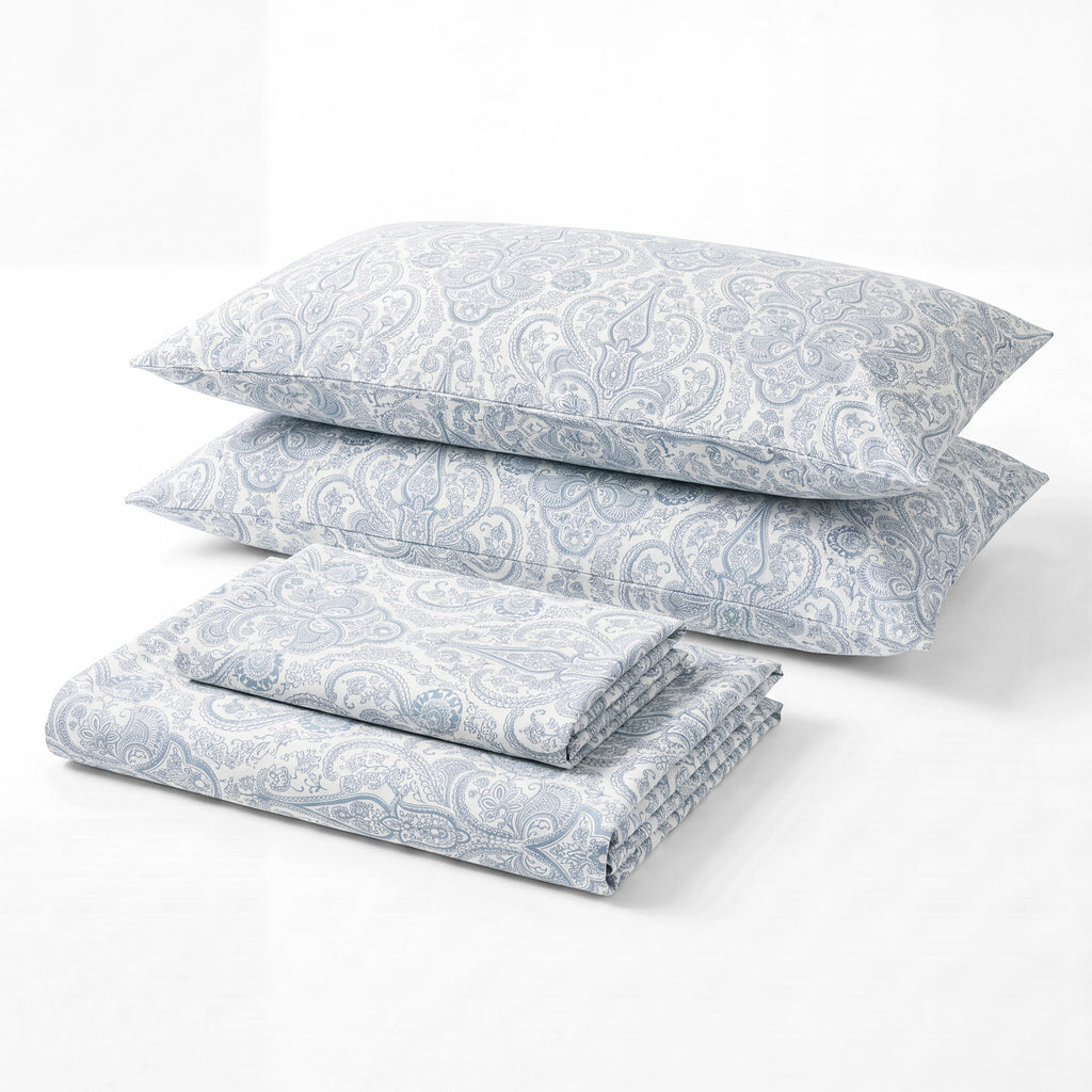 Sofia Home Textiles Printed Bedsheets - Sofia Small Paisley Printed Double Flat Bedsheet Set 4 Pcs in Light Blue folded full set on a white background - مفروشات صوفيا - ملايات مطبوعة - طقم ملاية صوفيا كشمير صغير دبل مسطحة 4 قطع باللون أزرق فاتح مطوي كامل على خلفية بيضاء