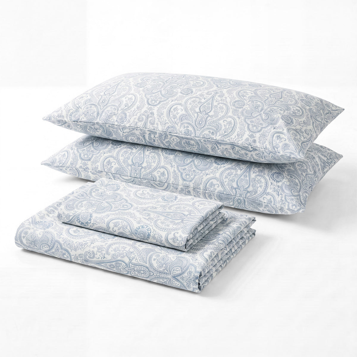 Sofia Home Textiles Printed Bedsheets - Sofia Small Paisley Printed Double Flat Bedsheet Set 4 Pcs in Light Blue folded full set on a white background - مفروشات صوفيا - ملايات مطبوعة - طقم ملاية صوفيا كشمير صغير دبل مسطحة 4 قطع باللون أزرق فاتح مطوي كامل على خلفية بيضاء
