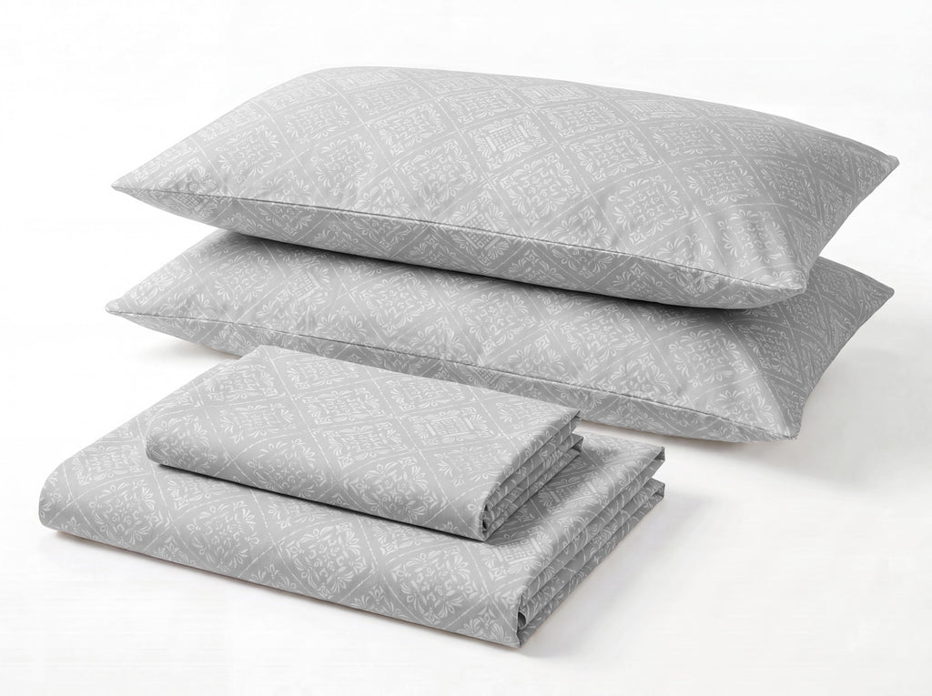 Sofia Home Textiles Printed Bedsheets - Sofia Flower Squares Printed Double Flat Bedsheet Set 4 Pcs in Grey folded full set on a white background - مفروشات صوفيا - ملايات مطبوعة - طقم ملاية صوفيا مربعات ورد دبل مسطحة 4 قطع باللون رمادي مطوي كامل على خلفية بيضاء