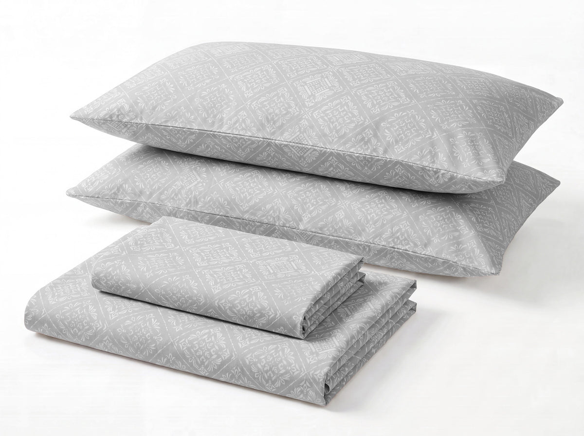 Sofia Home Textiles Printed Bedsheets - Sofia Flower Squares Printed Double Flat Bedsheet Set 4 Pcs in Grey folded full set on a white background - مفروشات صوفيا - ملايات مطبوعة - طقم ملاية صوفيا مربعات ورد دبل مسطحة 4 قطع باللون رمادي مطوي كامل على خلفية بيضاء