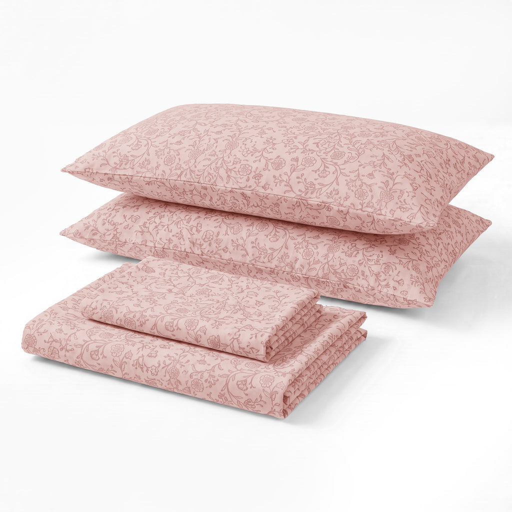 Sofia Home Textiles Printed Bedsheets - Sofia Floral Branches Printed Double Flat Bedsheet Set 4 Pcs in Rose folded full set on a white background - مفروشات صوفيا - ملايات مطبوعة - طقم ملاية صوفيا فروع ورد دبل مسطحة 4 قطع باللون وردي مطوي كامل على خلفية بيضاء