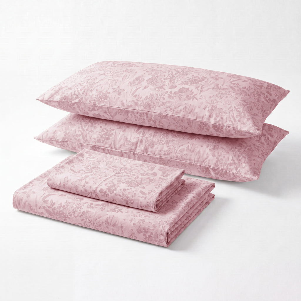 Sofia Home Textiles Printed Bedsheets - Sofia Flowers Printed Double Flat Bedsheet Set 4 Pcs in Rose folded full set on a white background - مفروشات صوفيا - ملايات مطبوعة - طقم ملاية صوفيا ورد دبل مسطحة 4 قطع باللون وردي مطوي كامل على خلفية بيضاء
