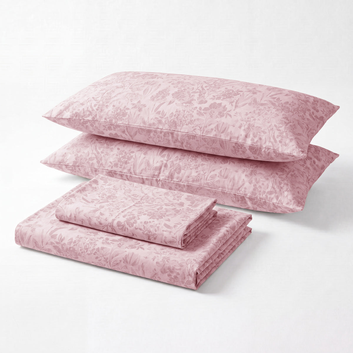 Sofia Home Textiles Printed Bedsheets - Sofia Flowers Printed Double Flat Bedsheet Set 4 Pcs in Rose folded full set on a white background - مفروشات صوفيا - ملايات مطبوعة - طقم ملاية صوفيا ورد دبل مسطحة 4 قطع باللون وردي مطوي كامل على خلفية بيضاء