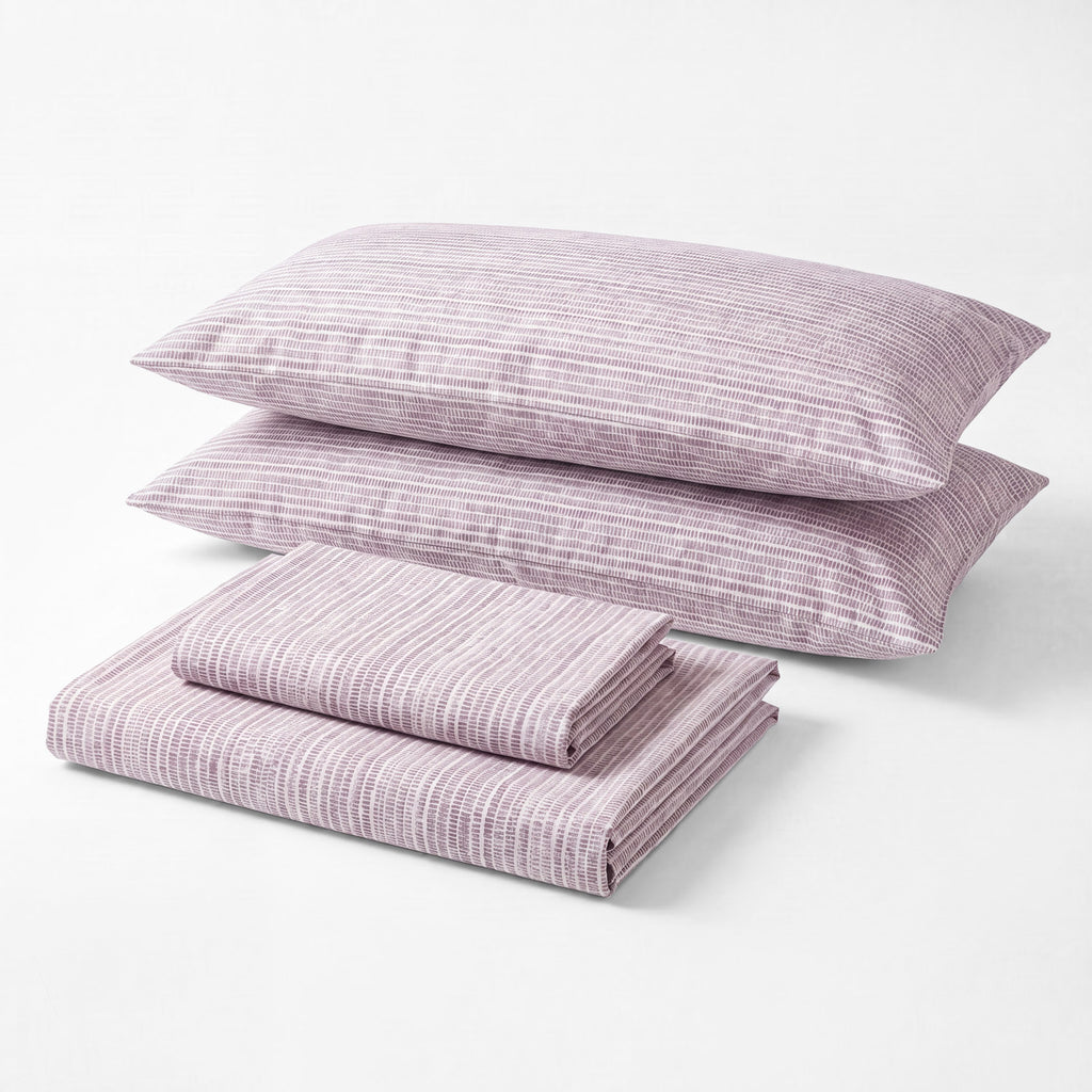 Sofia Home Textiles Printed Bedsheets - Sofia Lines Printed Double Flat Bedsheet Set 4 Pcs in Purple folded full set on a white background - مفروشات صوفيا - ملايات مطبوعة - طقم ملاية صوفيا خطوط دبل مسطحة 4 قطع باللون بنفسجي مطوي كامل على خلفية بيضاء