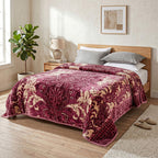 Sofia Home Textiles Blankets - Sofia Zumurruda 2-Ply Double Blanket (240 × 220 cm) Classic Ornament in Burgundy spread on a double bed - مفروشات صوفيا - بطاطين - بطانية صوفيا زمردة دبل طبقتين (240 × 220 سم) زخرفة كلاسيك باللون نبيتي مفروشة على سرير دبل