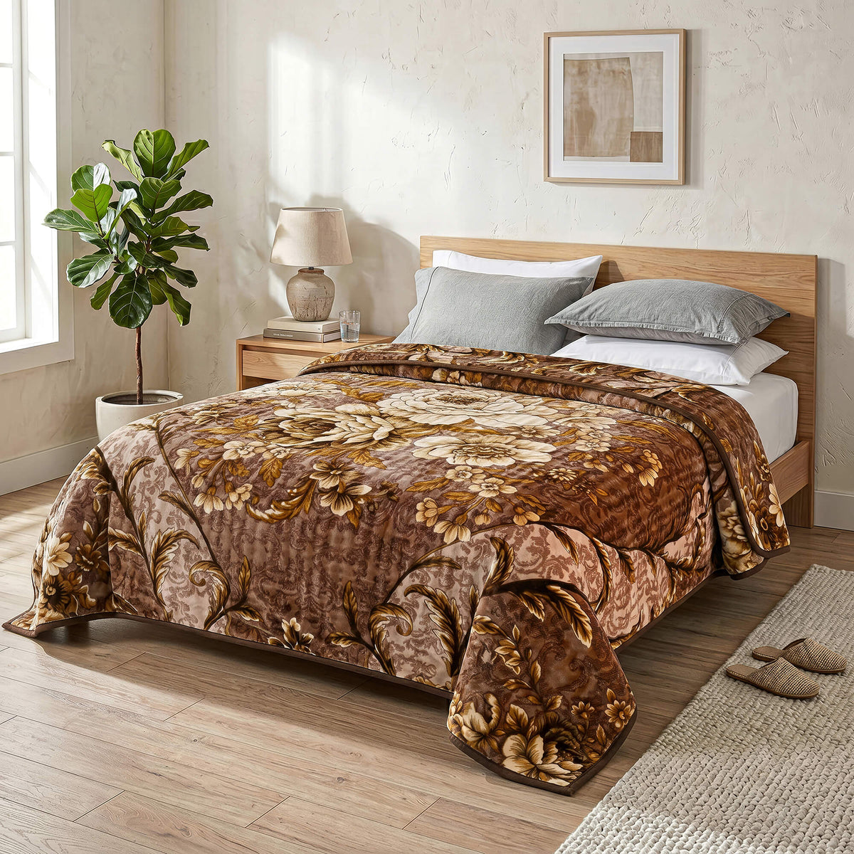 Sofia Home Textiles Blankets - Sofia Zumurruda 2-Ply Double Blanket (240 × 220 cm) Classic Flowers in Brown spread on a double bed - مفروشات صوفيا - بطاطين - بطانية صوفيا زمردة دبل طبقتين (240 × 220 سم) ورد كلاسيك باللون بني مفروشة على سرير دبل الصورة الرئيسية