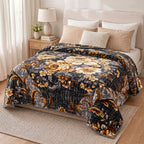 Sofia Home Textiles Blankets - Sofia Zumurruda 2-Ply Double Blanket (240 × 220 cm) Classic Flowers in Dark Grey spread on a double bed - مفروشات صوفيا - بطاطين - بطانية صوفيا زمردة دبل طبقتين (240 × 220 سم) ورد كلاسيك باللون رمادي غامق مفروشة على سرير دبل