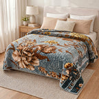 Sofia Home Textiles Blankets - Sofia Zumurruda 2-Ply Double Blanket (240 × 220 cm) Large Flowers in Turquoise spread on a double bed - مفروشات صوفيا - بطاطين - بطانية صوفيا زمردة دبل طبقتين (240 × 220 سم) ورد كبير باللون تركواز مفروشة على سرير دبل