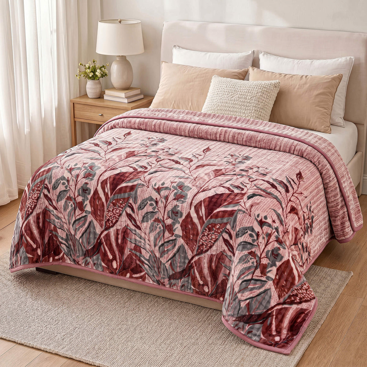 Sofia Home Textiles Blankets - Sofia Zumurruda 2-Ply Double Blanket (240 × 220 cm) Floral Leaves in Pink spread on a double bed - مفروشات صوفيا - بطاطين - بطانية صوفيا زمردة دبل طبقتين (240 × 220 سم) ورد وورق شجر باللون وردي مفروشة على سرير دبل