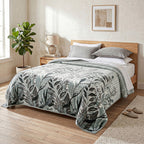 Sofia Home Textiles Blankets - Sofia Zumurruda 2-Ply Double Blanket (240 × 220 cm) Floral Leaves in Mint spread on a double bed - مفروشات صوفيا - بطاطين - بطانية صوفيا زمردة دبل طبقتين (240 × 220 سم) ورد وورق شجر باللون مينت مفروشة على سرير دبل