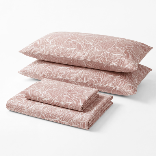 Sofia Home Textiles Printed Bedsheets - Sofia Large Leaves Printed Double Flat Bedsheet Set 4 Pcs in Rose folded full set on a white background - مفروشات صوفيا - ملايات مطبوعة - طقم ملاية صوفيا ورق شجر كبير دبل مسطحة 4 قطع باللون وردي مطوي كامل على خلفية بيضاء